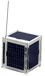 A small satellite model with solar panels on top and an antenna, designed for space communication.